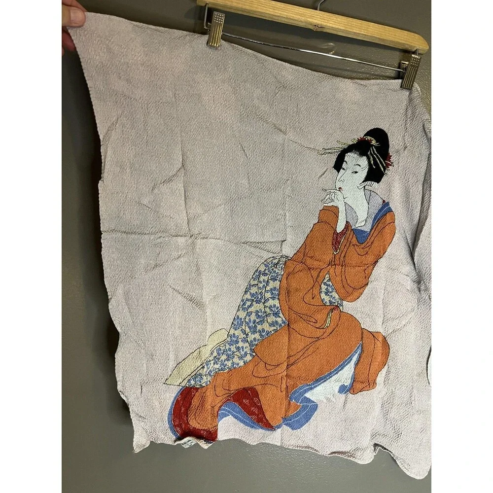 Handmade Japanese Geisha Woman Embroidery Tapestry Panel Orange Kimono Medium